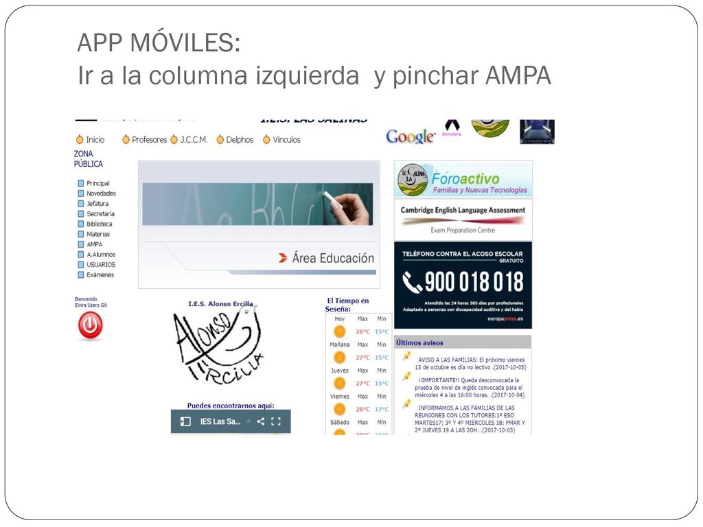 APP MÓVILES: Ir a la columna izquierda y pinchar AMPA
