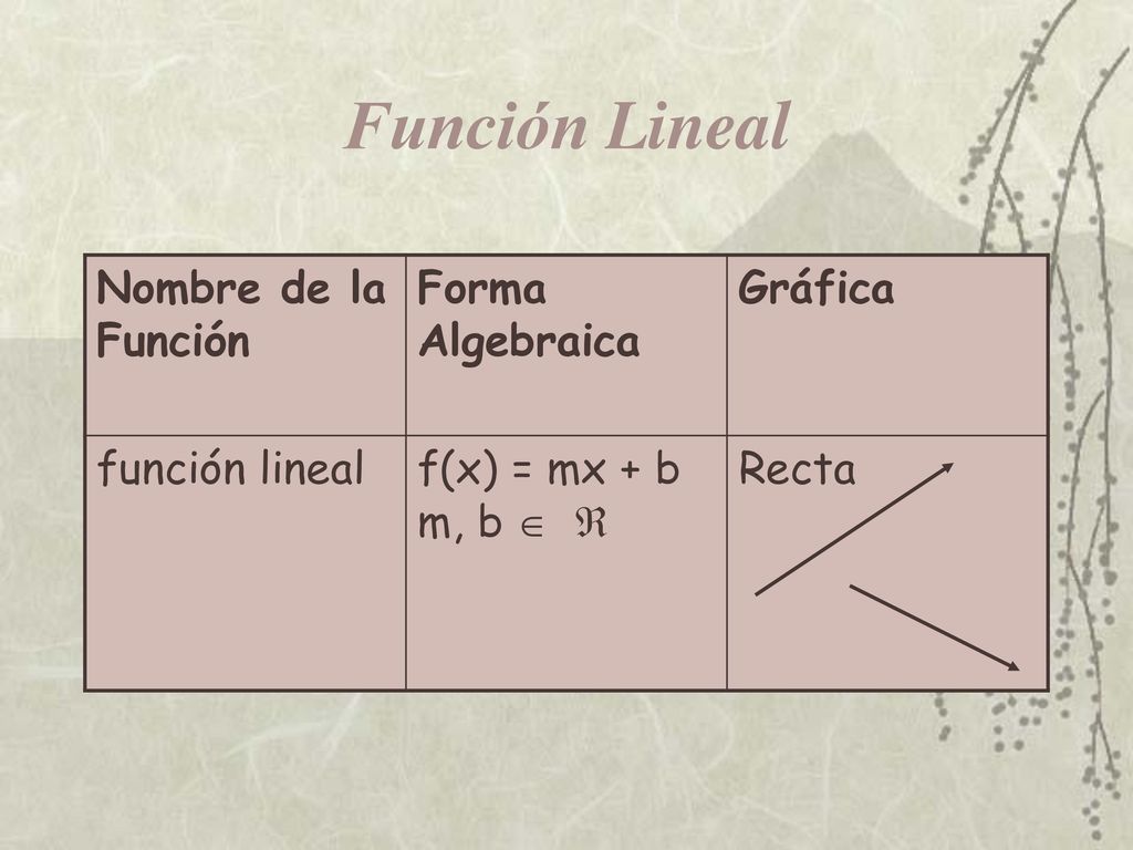 Función Lineal Nombre de la Función Forma Algebraica Gráfica