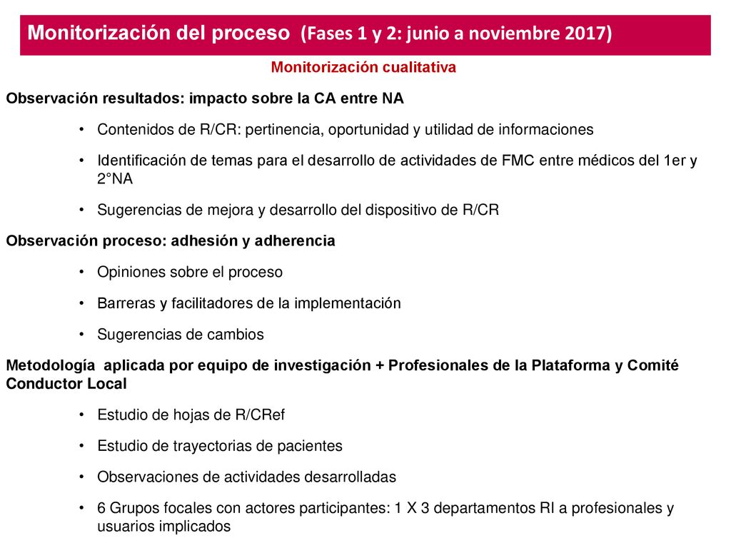 Monitorización del proceso (Fases 1 y 2: junio a noviembre 2017)