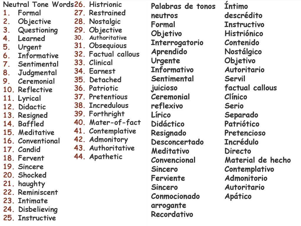 Neutral Tone Words Histrionic. Formal. Restrained. Objective. Nostalgic. Questioning. Learned.