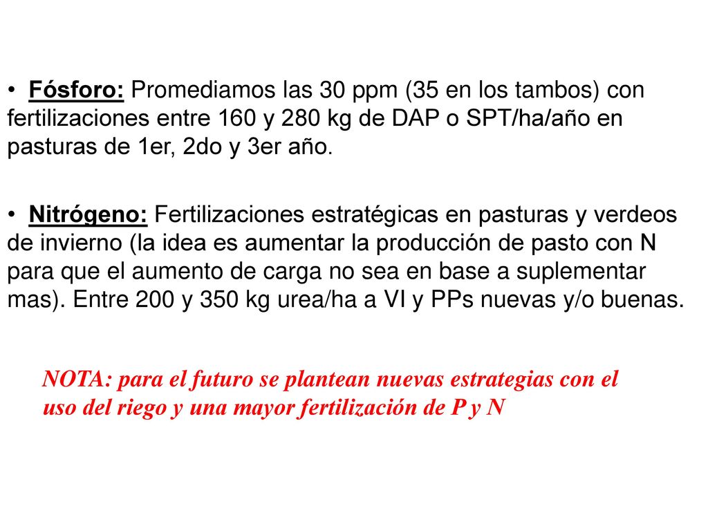 Fósforo: Promediamos las 30 ppm (35 en los tambos) con fertilizaciones entre 160 y 280 kg de DAP o SPT/ha/año en pasturas de 1er, 2do y 3er año.