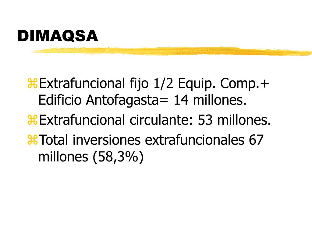 DIMAQSA Extrafuncional fijo 1/2 Equip. Comp.+ Edificio Antofagasta= 14 millones. Extrafuncional circulante: 53 millones.