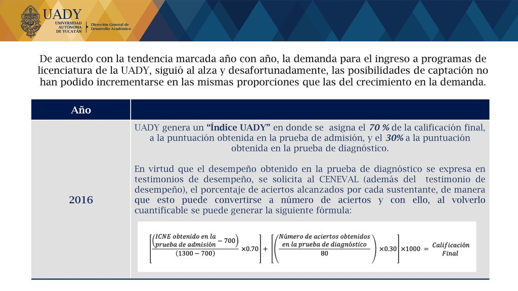 De acuerdo con la tendencia marcada año con año, la demanda para el ingreso a programas de licenciatura de la UADY, siguió al alza y desafortunadamente, las posibilidades de captación no han podido incrementarse en las mismas proporciones que las del crecimiento en la demanda.