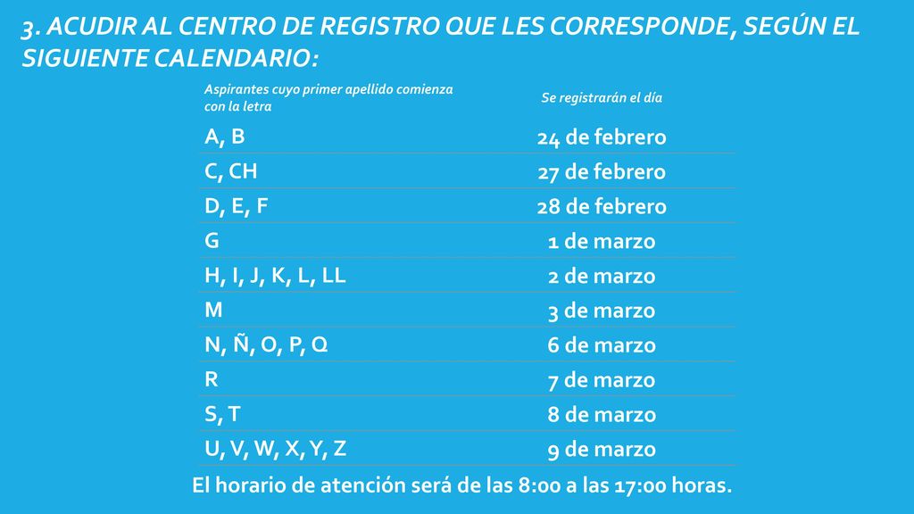 3. ACUDIR AL CENTRO DE REGISTRO QUE LES CORRESPONDE, SEGÚN EL SIGUIENTE CALENDARIO:
