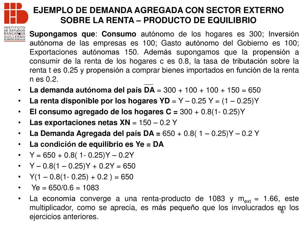 EJEMPLO DE DEMANDA AGREGADA CON SECTOR EXTERNO SOBRE LA RENTA – PRODUCTO DE EQUILIBRIO