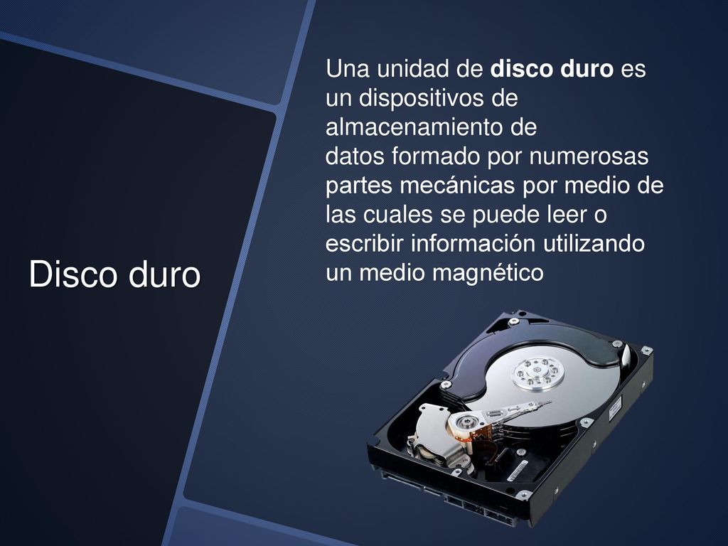 Una unidad de disco duro es un dispositivos de almacenamiento de datos formado por numerosas partes mecánicas por medio de las cuales se puede leer o escribir información utilizando un medio magnético