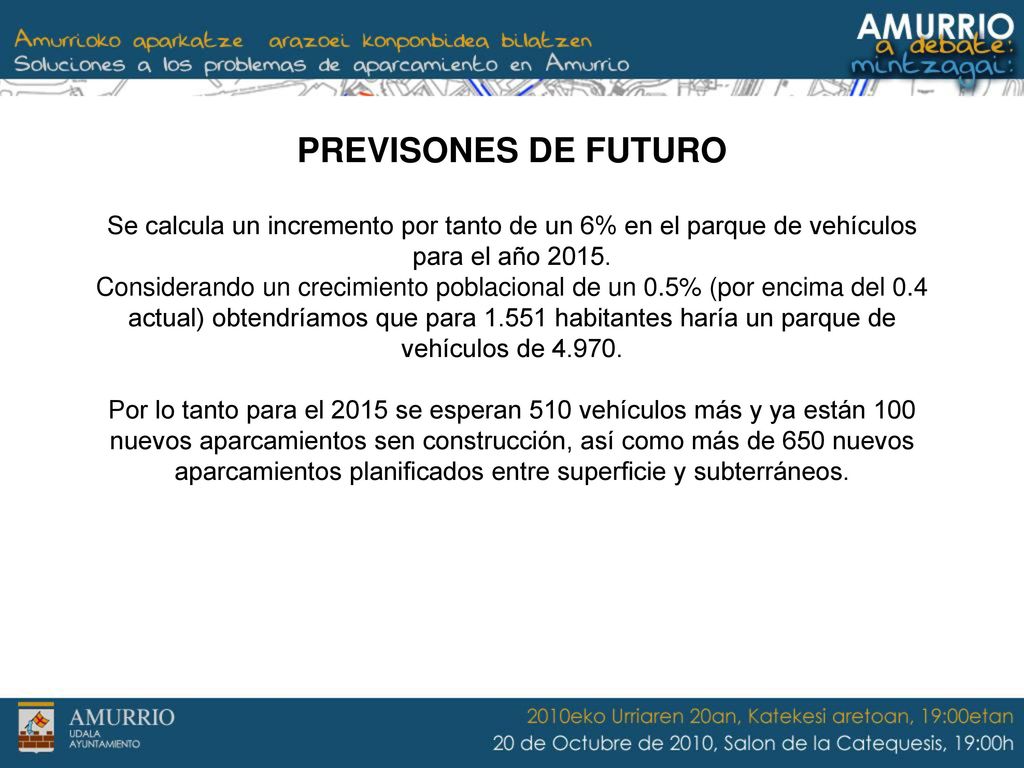 Se calcula un incremento por tanto de un 6% en el parque de vehículos para el año Considerando un crecimiento poblacional de un 0.5% (por encima del 0.4 actual) obtendríamos que para habitantes haría un parque de vehículos de Por lo tanto para el 2015 se esperan 510 vehículos más y ya están 100 nuevos aparcamientos sen construcción, así como más de 650 nuevos aparcamientos planificados entre superficie y subterráneos.