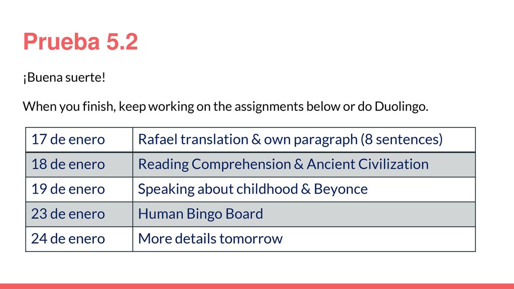 Prueba 5.2 ¡Buena suerte! When you finish, keep working on the assignments below or do Duolingo. 17 de enero.