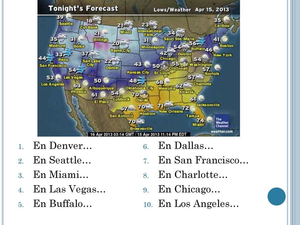 En Denver… En Seattle… En Miami… En Las Vegas… En Buffalo… En Dallas… En San Francisco… En Charlotte…