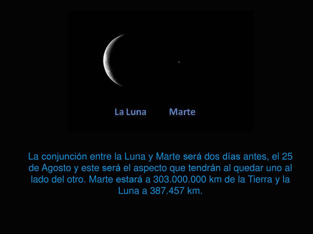 La conjunción entre la Luna y Marte será dos días antes, el 25 de Agosto y este será el aspecto que tendrán al quedar uno al lado del otro.