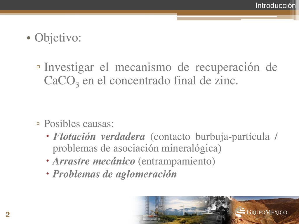 Introducción Objetivo: Investigar el mecanismo de recuperación de CaCO3 en el concentrado final de zinc.