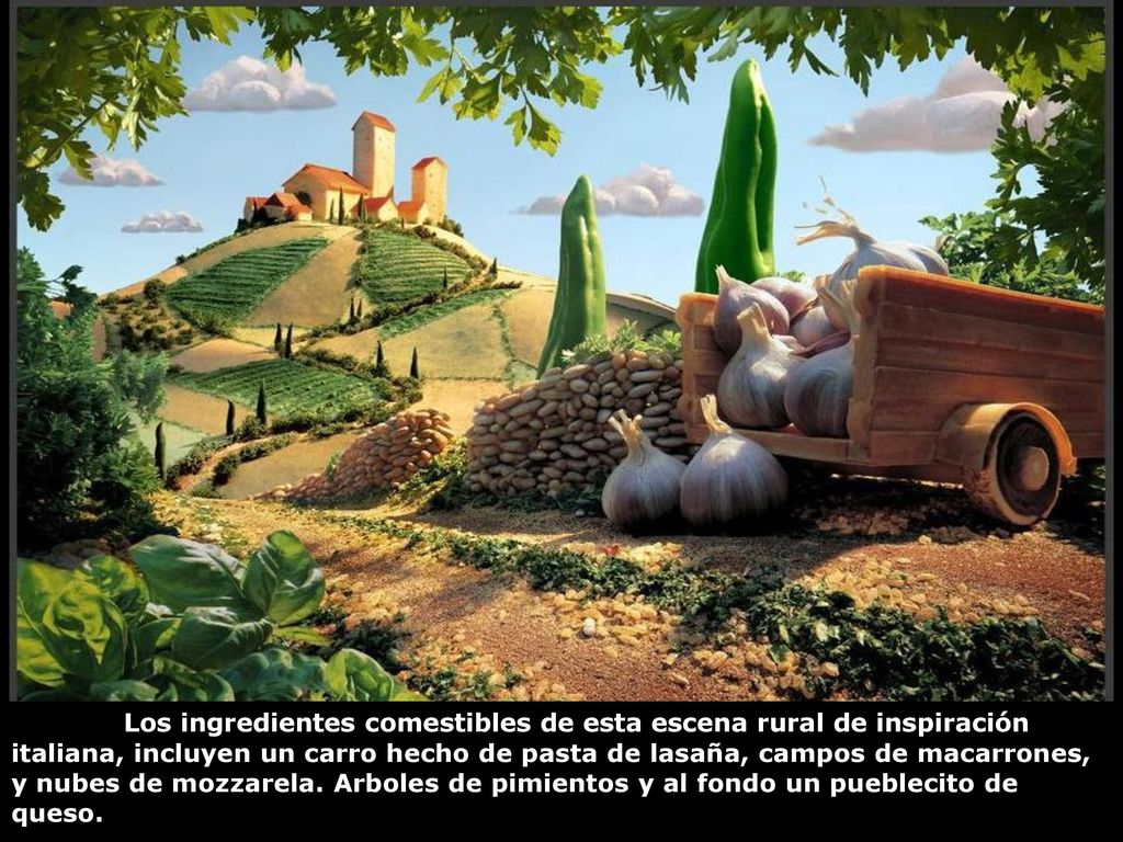 Los ingredientes comestibles de esta escena rural de inspiración italiana, incluyen un carro hecho de pasta de lasaña, campos de macarrones, y nubes de mozzarela.