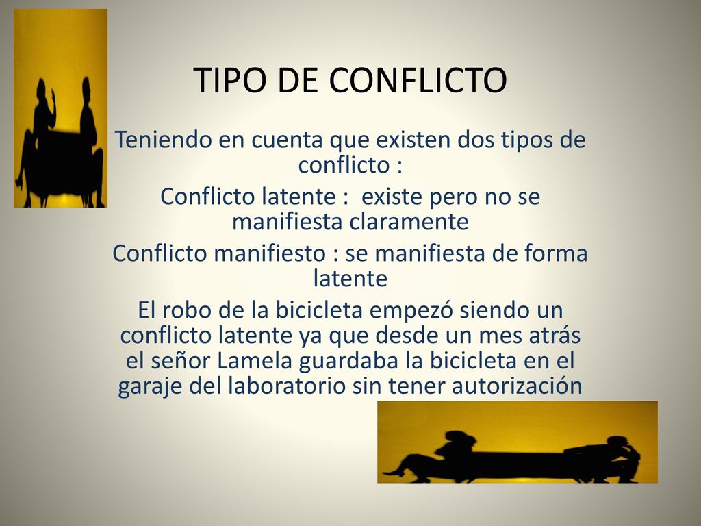 TIPO DE CONFLICTO Teniendo en cuenta que existen dos tipos de conflicto : Conflicto latente : existe pero no se manifiesta claramente.