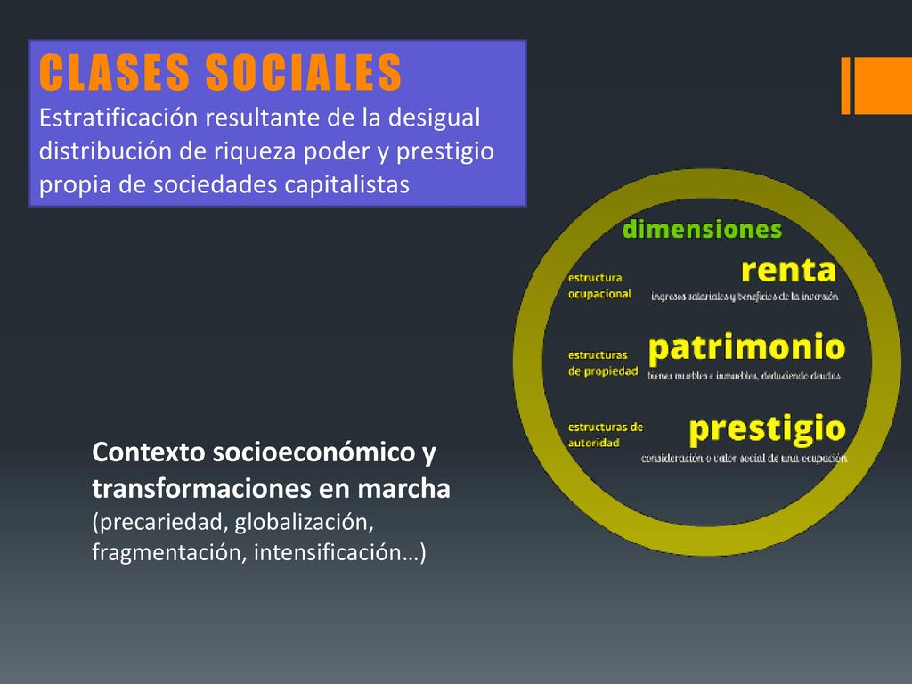 CLASES SOCIALES Estratificación resultante de la desigual distribución de riqueza poder y prestigio propia de sociedades capitalistas.