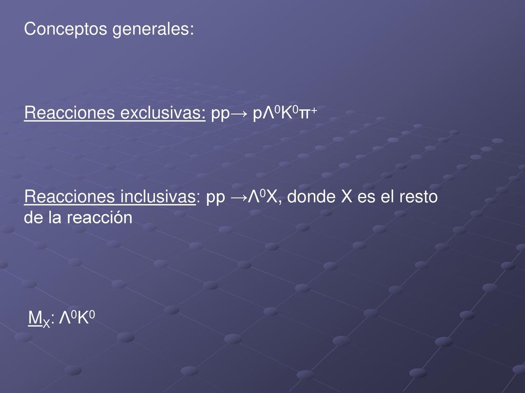Conceptos generales: Reacciones exclusivas: pp→ pΛ0K0π+ Reacciones inclusivas: pp →Λ0X, donde X es el resto de la reacción.