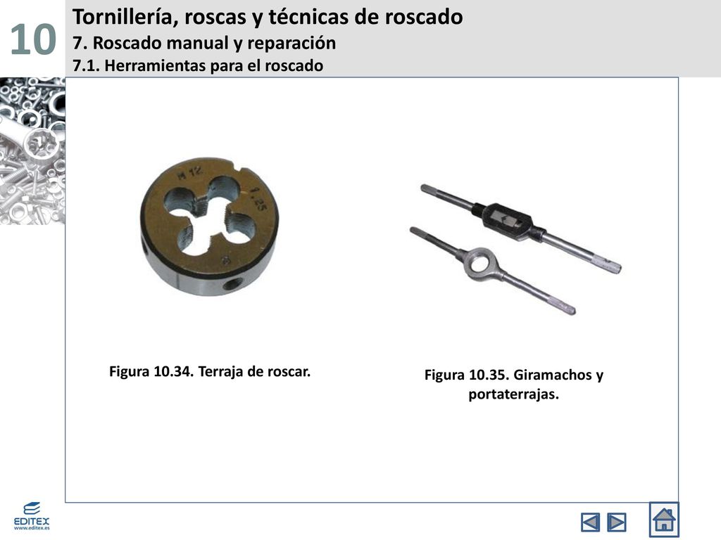 10 Tornillería, roscas y técnicas de roscado 7. Roscado manual y reparación 7.1. Herramientas para el roscado.