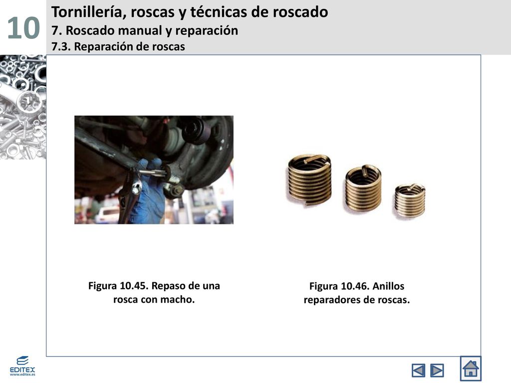 10 Tornillería, roscas y técnicas de roscado 7. Roscado manual y reparación 7.3. Reparación de roscas.