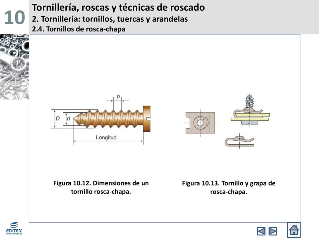 10 Tornillería, roscas y técnicas de roscado 2. Tornillería: tornillos, tuercas y arandelas 2.4. Tornillos de rosca-chapa.