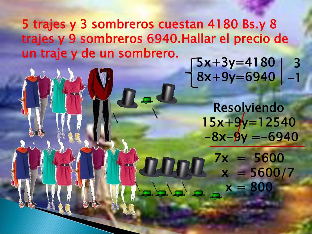 5 trajes y 3 sombreros cuestan 4180 Bs. y 8 trajes y 9 sombreros 6940