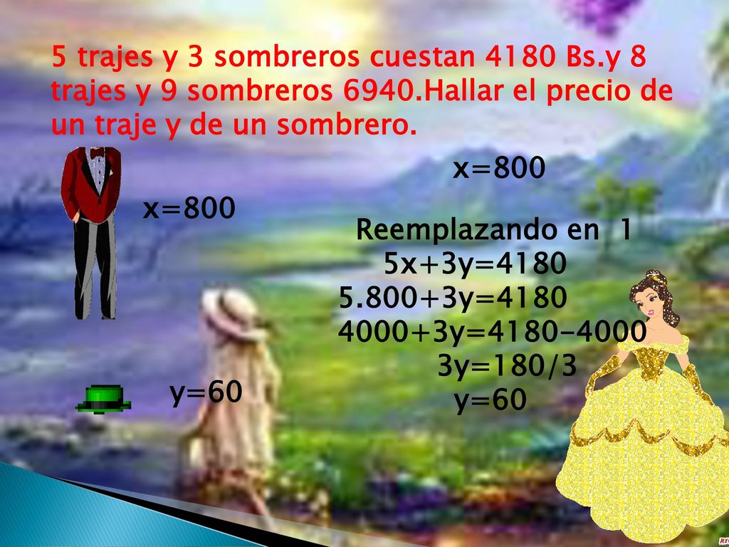 5 trajes y 3 sombreros cuestan 4180 Bs. y 8 trajes y 9 sombreros 6940
