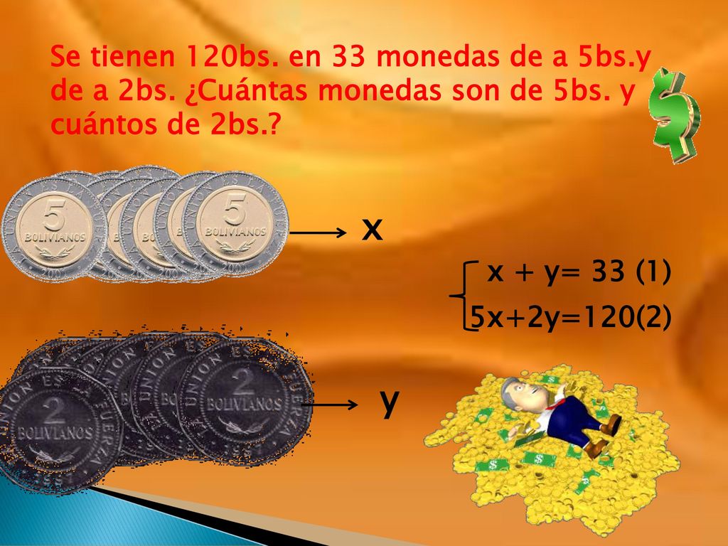 Se tienen 120bs. en 33 monedas de a 5bs. y de a 2bs