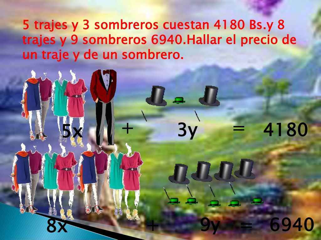 5 trajes y 3 sombreros cuestan 4180 Bs. y 8 trajes y 9 sombreros 6940