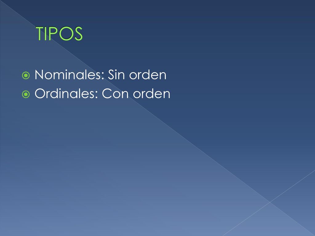 TIPOS Nominales: Sin orden Ordinales: Con orden