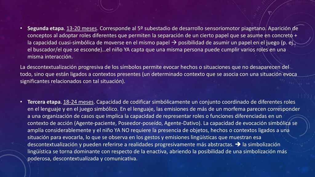 Segunda etapa meses. Corresponde al 5º subestadio de desarrollo sensoriomotor piagetano. Aparición de conceptos al adoptar roles diferentes que permiten la separación de un cierto papel que se asume en concreto + la capacidad cuasi-simbólica de moverse en el mismo papel  posibilidad de asumir un papel en el juego (p. ej., el buscador/el que se esconde)…el niño YA capta que una misma persona puede cumplir varios roles en una misma interacción.