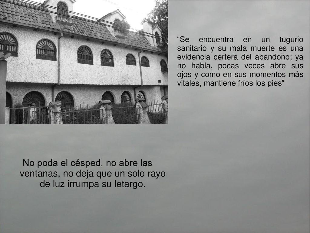 Se encuentra en un tugurio sanitario y su mala muerte es una evidencia certera del abandono; ya no habla, pocas veces abre sus ojos y como en sus momentos más vitales, mantiene fríos los pies