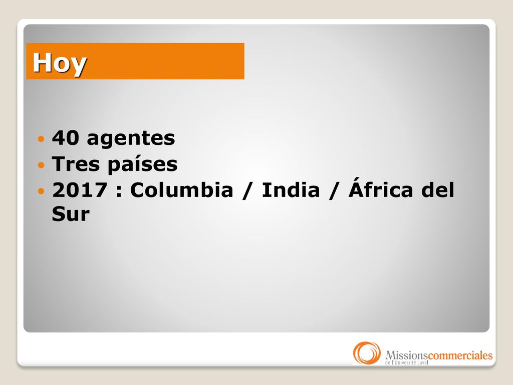 Hoy 40 agentes Tres países 2017 : Columbia / India / África del Sur