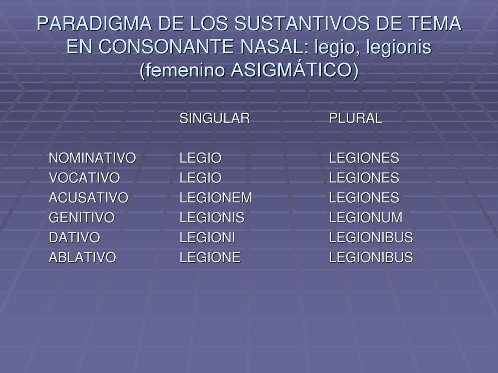 PARADIGMA DE LOS SUSTANTIVOS DE TEMA EN CONSONANTE NASAL: legio, legionis (femenino ASIGMÁTICO)