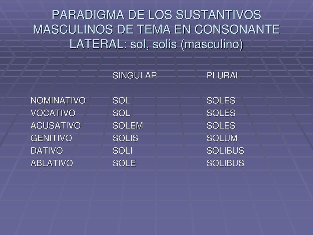 PARADIGMA DE LOS SUSTANTIVOS MASCULINOS DE TEMA EN CONSONANTE LATERAL: sol, solis (masculino)