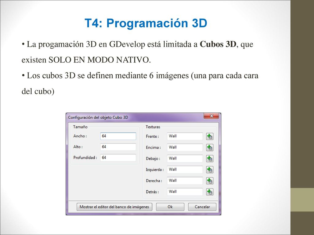 T4: Programación 3D La progamación 3D en GDevelop está limitada a Cubos 3D, que existen SOLO EN MODO NATIVO.