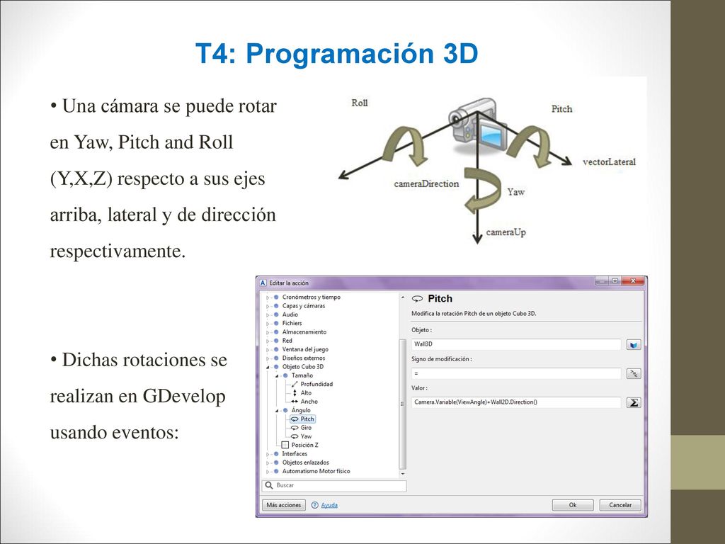 T4: Programación 3D Una cámara se puede rotar en Yaw, Pitch and Roll (Y,X,Z) respecto a sus ejes arriba, lateral y de dirección respectivamente.