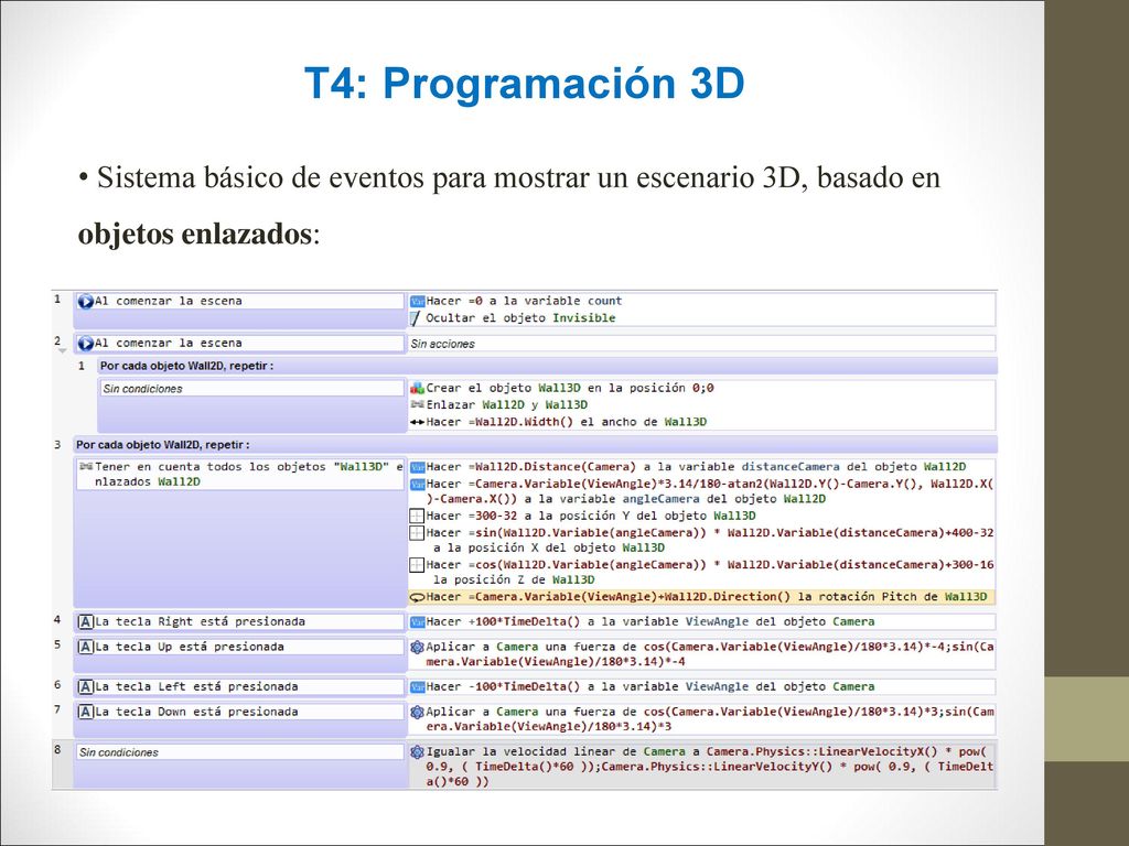 T4: Programación 3D Sistema básico de eventos para mostrar un escenario 3D, basado en objetos enlazados: