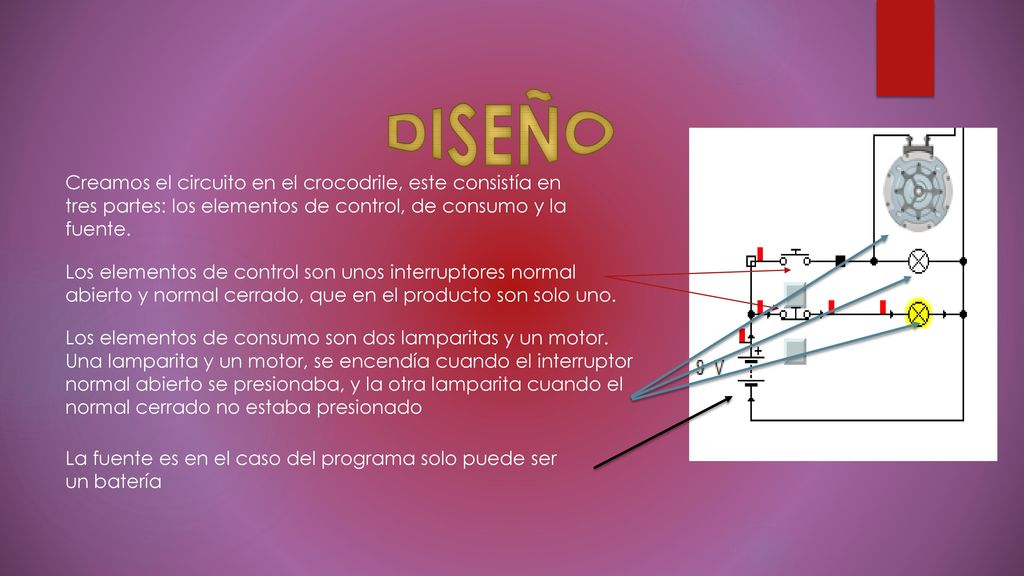 DISEÑO Creamos el circuito en el crocodrile, este consistía en tres partes: los elementos de control, de consumo y la fuente.