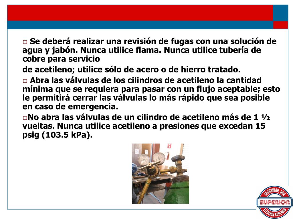 Se deberá realizar una revisión de fugas con una solución de agua y jabón. Nunca utilice flama. Nunca utilice tubería de cobre para servicio
