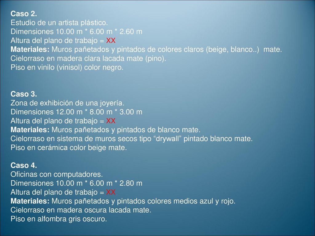 Caso 2. Estudio de un artista plástico. Dimensiones m * 6.00 m * 2.60 m. Altura del plano de trabajo = XX.