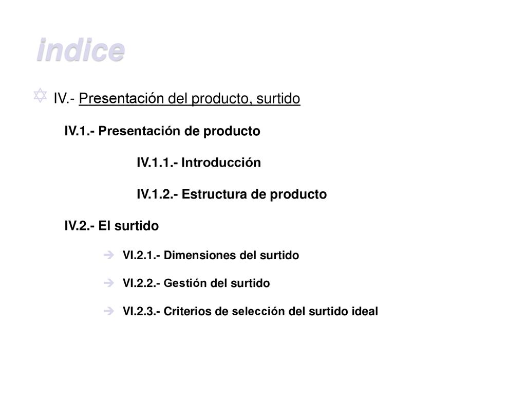 indice IV.- Presentación del producto, surtido