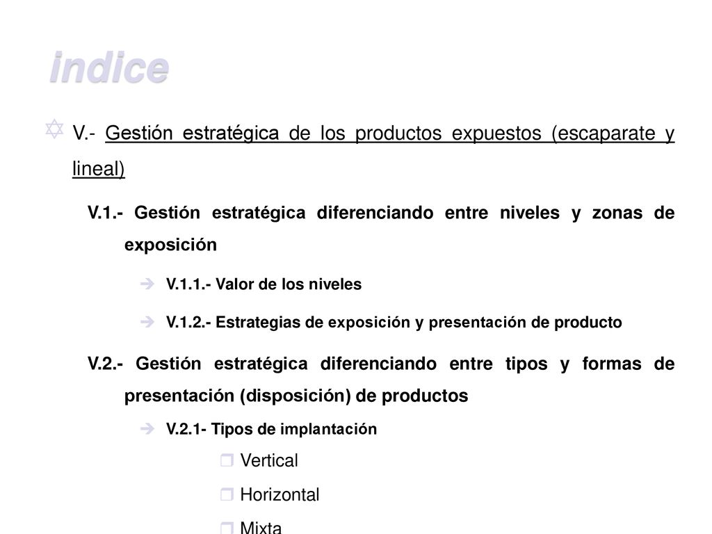 indice V.- Gestión estratégica de los productos expuestos (escaparate y lineal)