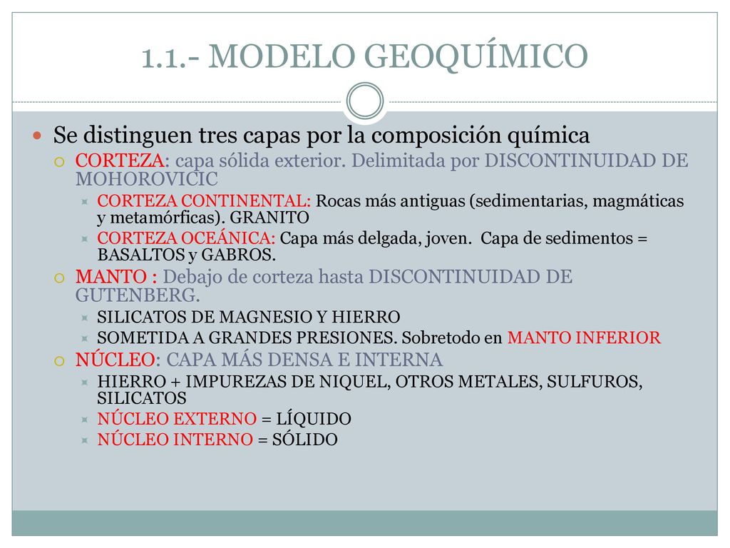 1.1.- MODELO GEOQUÍMICO Se distinguen tres capas por la composición química.