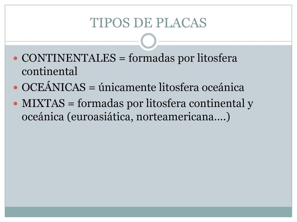 TIPOS DE PLACAS CONTINENTALES = formadas por litosfera continental
