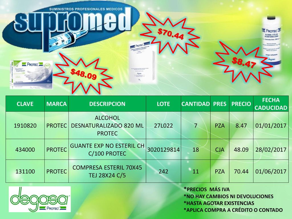 $8.47 $70.44 $48.09 *PRECIOS MÁS IVA CLAVE MARCA DESCRIPCION LOTE