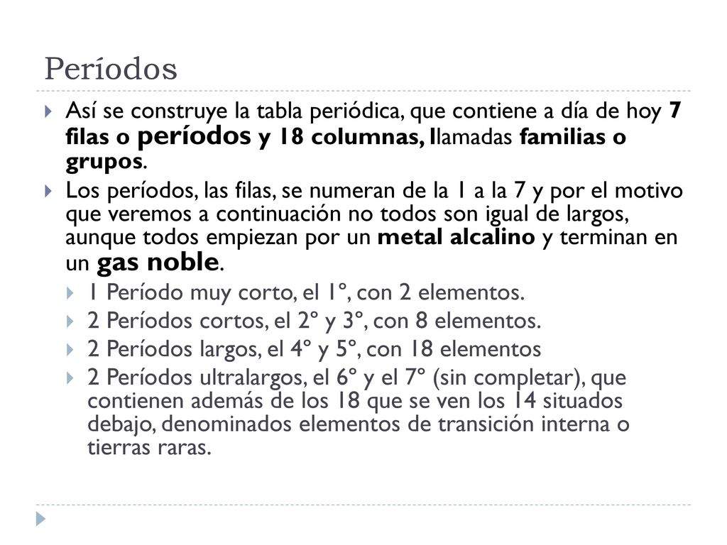 Períodos Así se construye la tabla periódica, que contiene a día de hoy 7 filas o períodos y 18 columnas, llamadas familias o grupos.