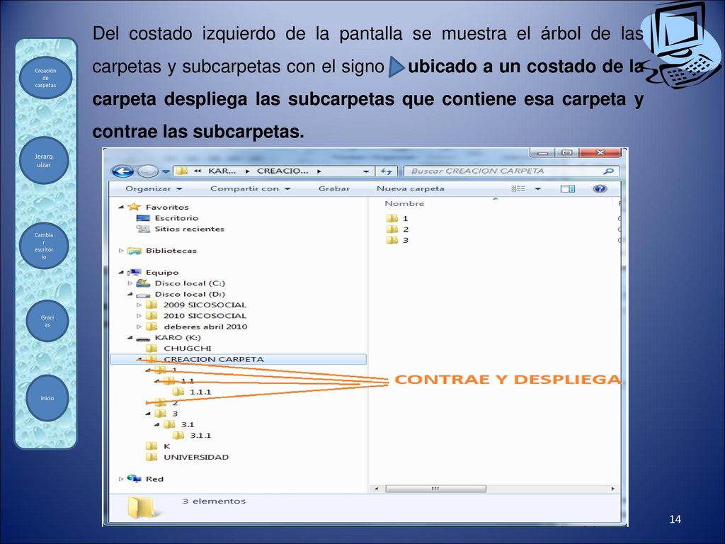 Del costado izquierdo de la pantalla se muestra el árbol de las carpetas y subcarpetas con el signo ubicado a un costado de la carpeta despliega las subcarpetas que contiene esa carpeta y contrae las subcarpetas.