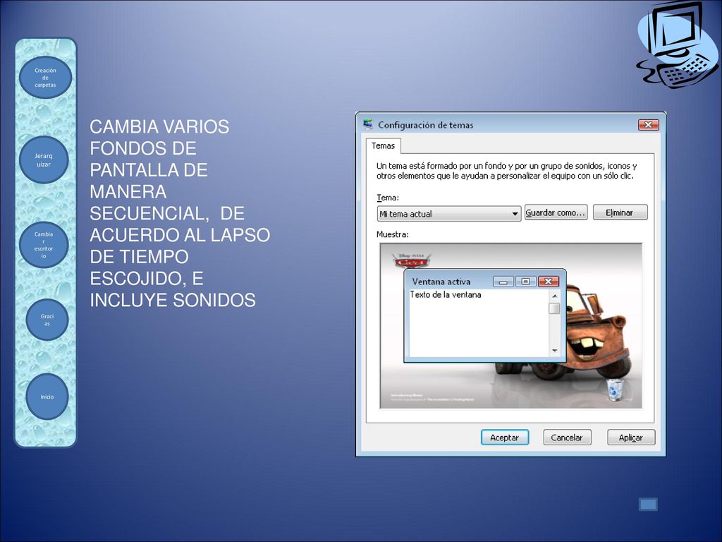 CAMBIA VARIOS FONDOS DE PANTALLA DE MANERA SECUENCIAL, DE ACUERDO AL LAPSO DE TIEMPO ESCOJIDO, E INCLUYE SONIDOS