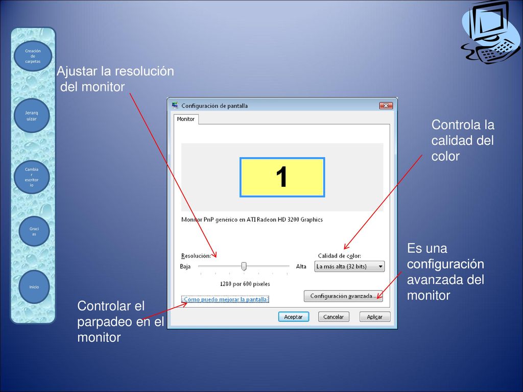 Ajustar la resolución del monitor. Controla la calidad del color. Es una configuración avanzada del monitor.