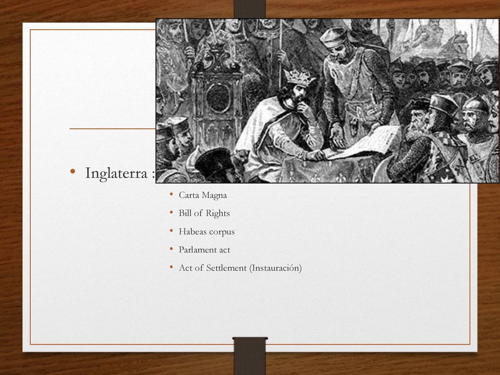 Inglaterra : Carta Magna Bill of Rights Habeas corpus Parlament act
