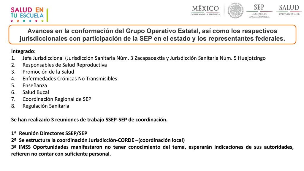 Avances en la conformación del Grupo Operativo Estatal, así como los respectivos jurisdiccionales con participación de la SEP en el estado y los representantes federales.