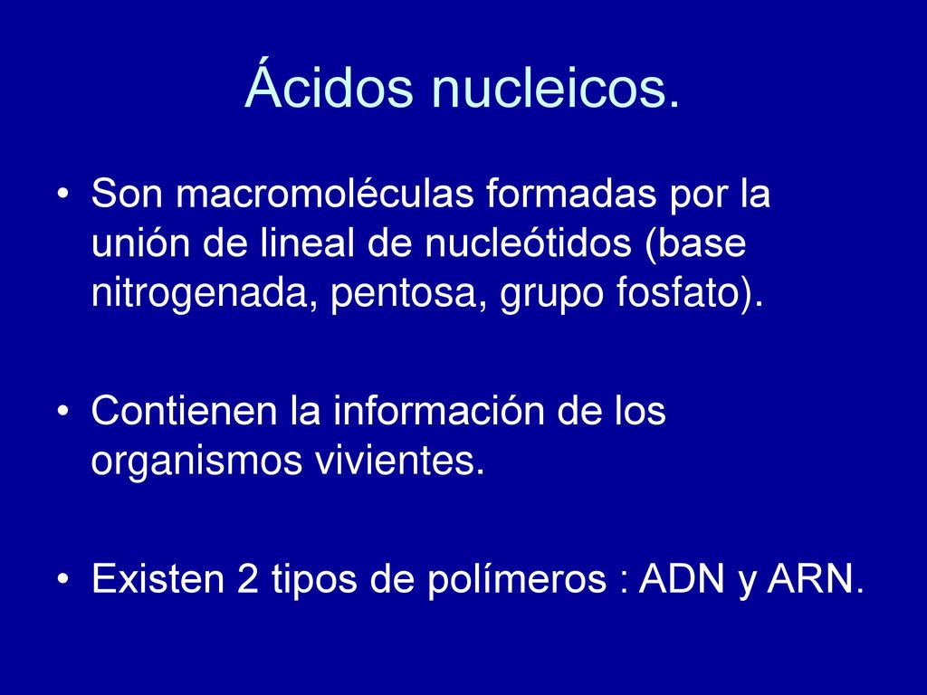 Ácidos nucleicos. Son macromoléculas formadas por la unión de lineal de nucleótidos (base nitrogenada, pentosa, grupo fosfato).